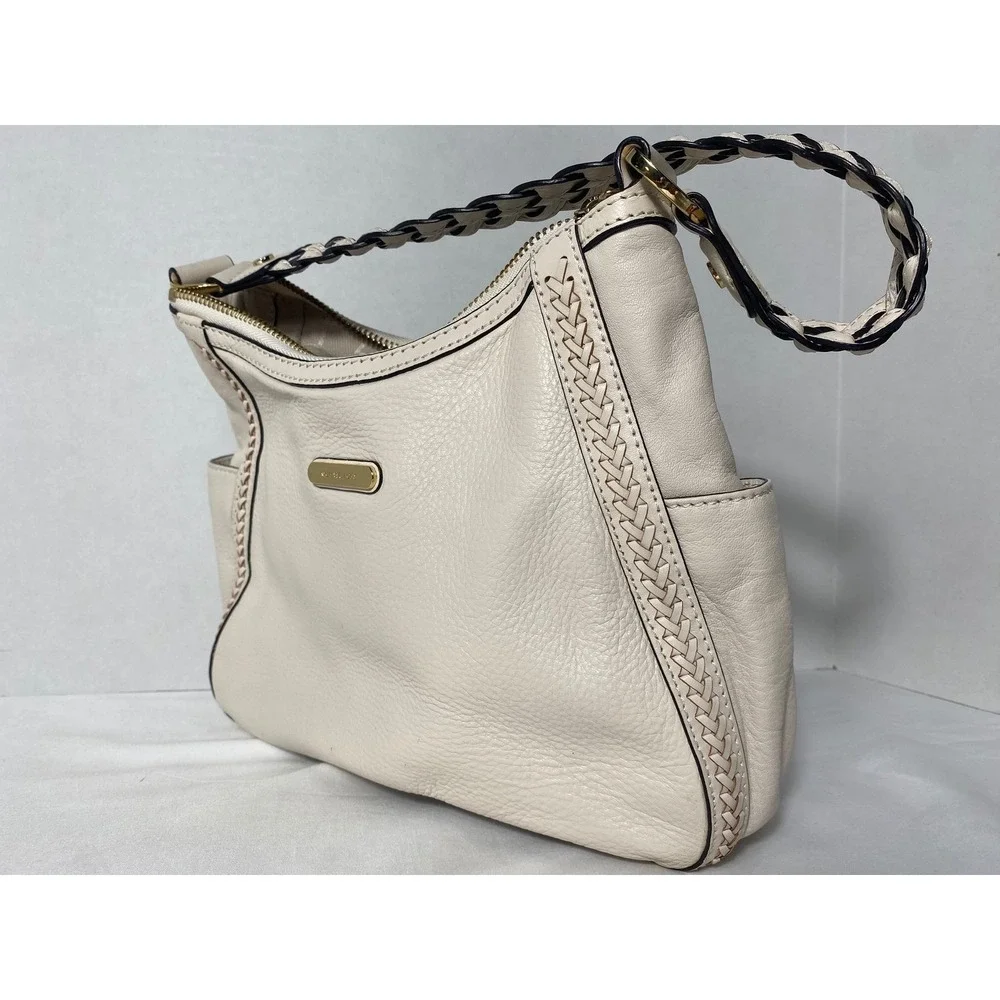 Michael Kors Hobo Bag Womens Small Cream‎ Pebbled Leather Braided Shoulder Bag